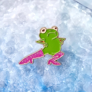 Funny dancing frog enamel brooch with sparkling glitter pink boots and golden trim