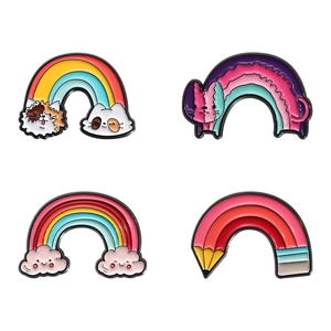 Cartoon enamel pin set featuring rainbow cat and cloud designs in colorful zinc alloy