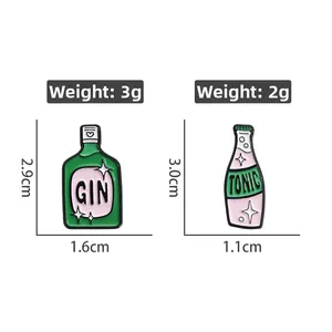 Set di spille smaltate con design di bottiglie di Gin e Tonic con specifiche di peso e misura