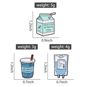 Detailed size and weight specs for enamel pins featuring medical student tears milk cartons