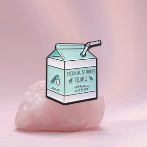 Creative milk carton enamel pin with medical student tears text on pink crystal