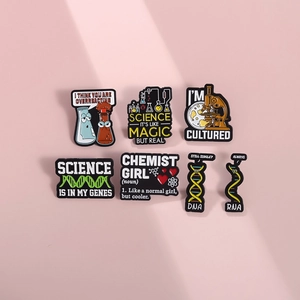 Set of 7 colorful science enamel pins with DNA, microscope, and chemistry beaker designs
