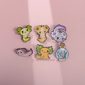 Cute Cartoon Axolotl Enamel Pin Alloy Animal Badge Sunflower Cactus Flower Pattern Decorative Brooch For Backpack Clothing Gift