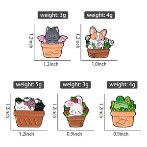 Size chart showing weight and dimensions for cute animal potted plant enamel pins