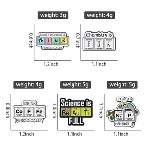 Detailed view of creative chemistry element enamel pins with size and weight measurements