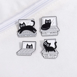 Cute cartoon black cat enamel pins set featuring tech and work from home themes
