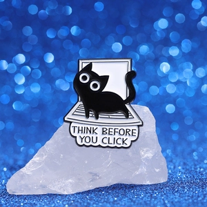Cute black cartoon cat on laptop enamel pin with Think Before You Click slogan