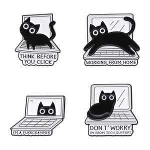 Set of four cute black cat enamel pins featuring fun office and work from home themes