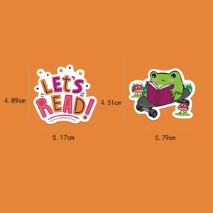 Close-up of waterproof reading stickers showing Let's Read slogan and frog on skateboard
