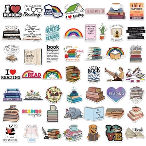 50pcs waterproof reading-themed stickers with cute animals and motivational book quotes
