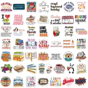 Set of 50 waterproof book reading stickers with diverse cartoon animals and quotes