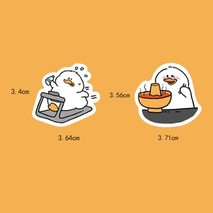 Detail showing dimensions of cute cartoon duck stickers for laptop and luggage