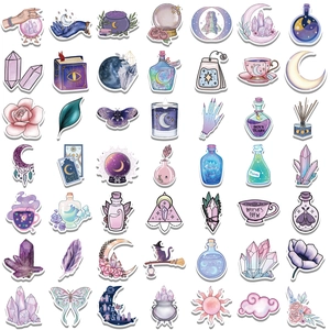 Set of purple mystical magic stickers with watercolor moon and crystal patterns