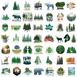 50pcs green forest stickers with elk, bear, and pine trees for laptops and luggage decor
