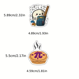 Detail showing waterproof vinyl math stickers with dimensions for hedgehog and pi designs