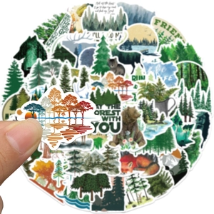50pcs waterproof green forest doodle stickers for laptop and guitar decoration