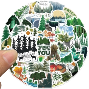 Green forest nature stickers set with wildlife animals and trees for laptop decoration