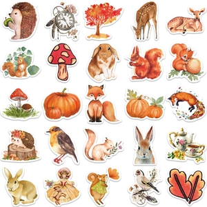 50 pegatinas bosque de otoño impermeables con diseños de zorro y calabaza acuarela