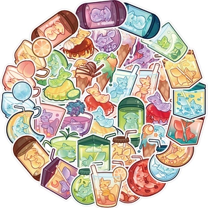 Detailed view of waterproof cartoon fox and cat stickers with creative bottle themes