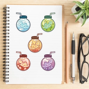 Creative cartoon cat stickers in glass bottles shown on a spiral notebook cover