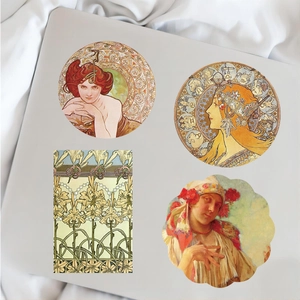 Autocollants Art Nouveau sur ordinateur argenté avec fleurs vintage et portraits