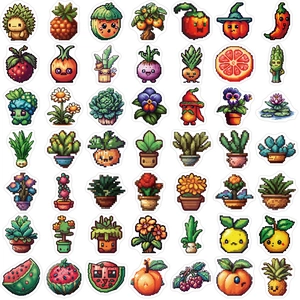 Set of 49 pixel art fruit and vegetable stickers for DIY guitar and luggage decoration