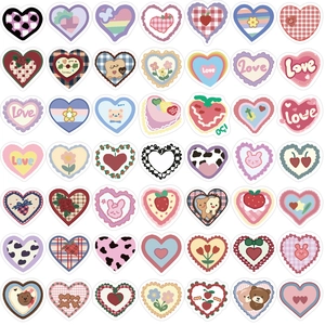 Set of 49 unique heart-shaped waterproof stickers with cute animal and floral designs