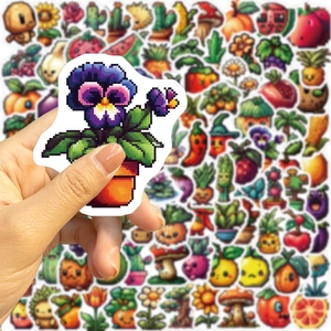 Set of 100 colorful pixel art fruit and flower waterproof stickers for guitar and laptop decoration