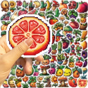 Macro shot of waterproof pixel art fruit stickers featuring grapefruit for DIY decoration