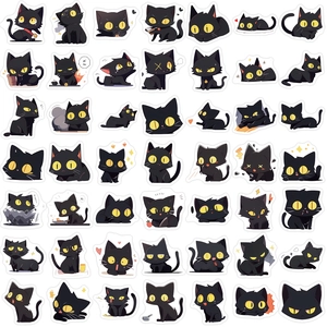 Set of 49 waterproof black cat stickers with expressive yellow eyes for DIY decor