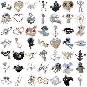 Pack of 50 silver gothic skull stickers with Y2K punk style for laptops and guitars
