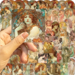 Λεπτομέρεια αυτοκόλλητου Art Nouveau στυλ Alphonse Mucha με κομψή γυναίκα και λουλούδια