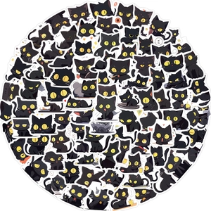 Detailed view of 100 assorted waterproof black cat graffiti stickers for DIY decor