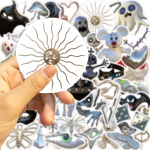 50pcs silver gothic skull and mystical sun stickers for laptop and guitar decoration