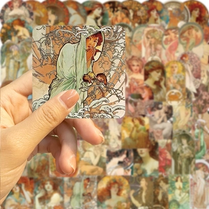 Κοντινό πλάνο με vintage αυτοκόλλητα Mucha με κομψά λουλούδια και γυναικεία σχέδια