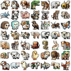 Set of 50 waterproof pixel art animal stickers for laptop and guitar decoration