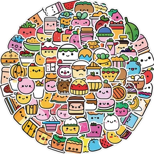 Nahaufnahme von 100 wasserfesten Kawaii-Aufklebern mit Obst und Dessert für DIY-Deko