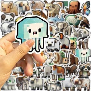 Close-up of waterproof pixel art animal stickers showing a jellyfish held by hand