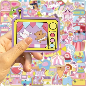 Close-up of waterproof cartoon stickers featuring circus tents and ice cream truck patterns