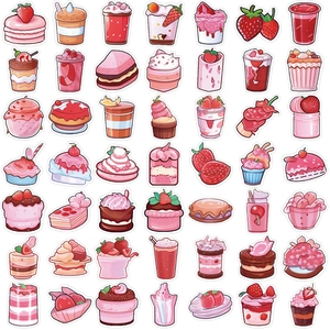 Set di 50 adesivi rosa dessert alla fragola per laptop e decorazione chitarra
