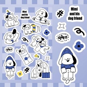Detail view of cute DIY cartoon cat and dog stickers with floral motifs in blue and yellow