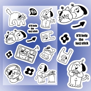 Detail of minimalist black and white hand-drawn cartoon animal stickers for DIY journals