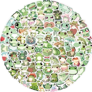 Circular layout of colorful cartoon frog stickers showing diverse cute character designs