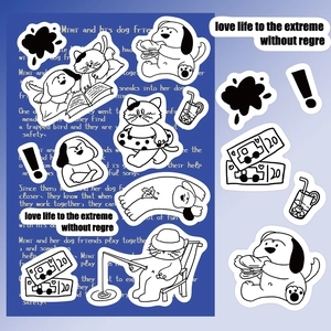 Detail of black and white cartoon stickers featuring cute dogs and cats for DIY scrapbooking