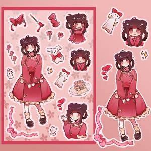DIY anime girl stickers in red qipao with decorative pink bows and rabbit motifs