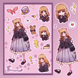 Anime girl stickers set with brown hair girl and cute chibi expressions for DIY deco