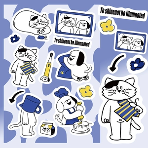 Detailed flat lay of Korean-style cartoon cat and dog DIY stickers for scrapbooking