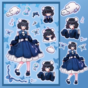 Detail view of Korean style blue anime girl stickers for DIY scrapbooking and deco