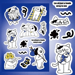 Detailed view of DIY cartoon cat and dog stickers for journal and phone case decor
