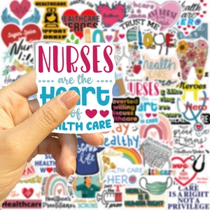 Close-up of nursing care stickers featuring medical heart and stethoscope designs
